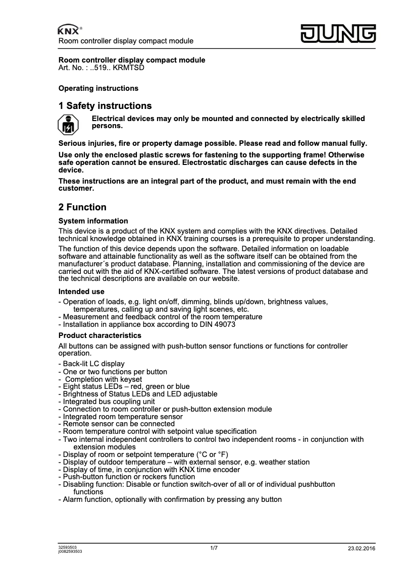 Page 1 de la notice Manuel utilisateur JUNG LS 5192 KRM TS D