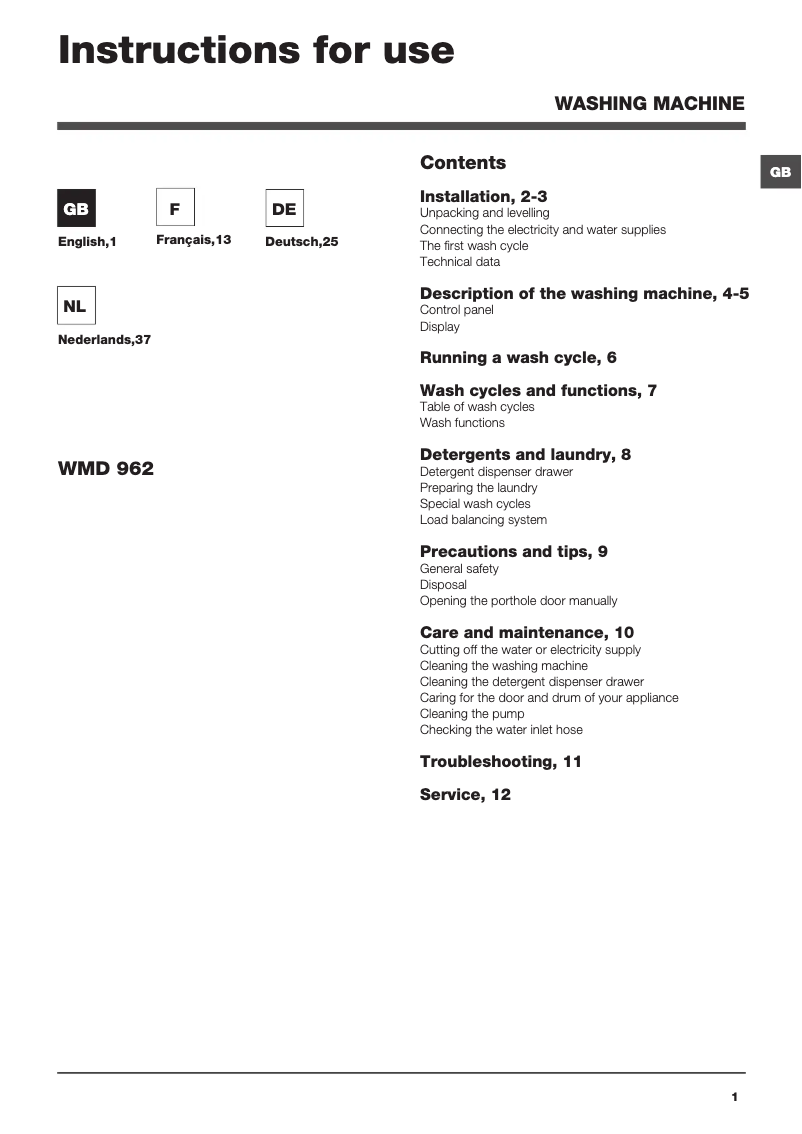 Page 1 de la notice Manuel utilisateur Hotpoint Ariston WMD 962BX SK
