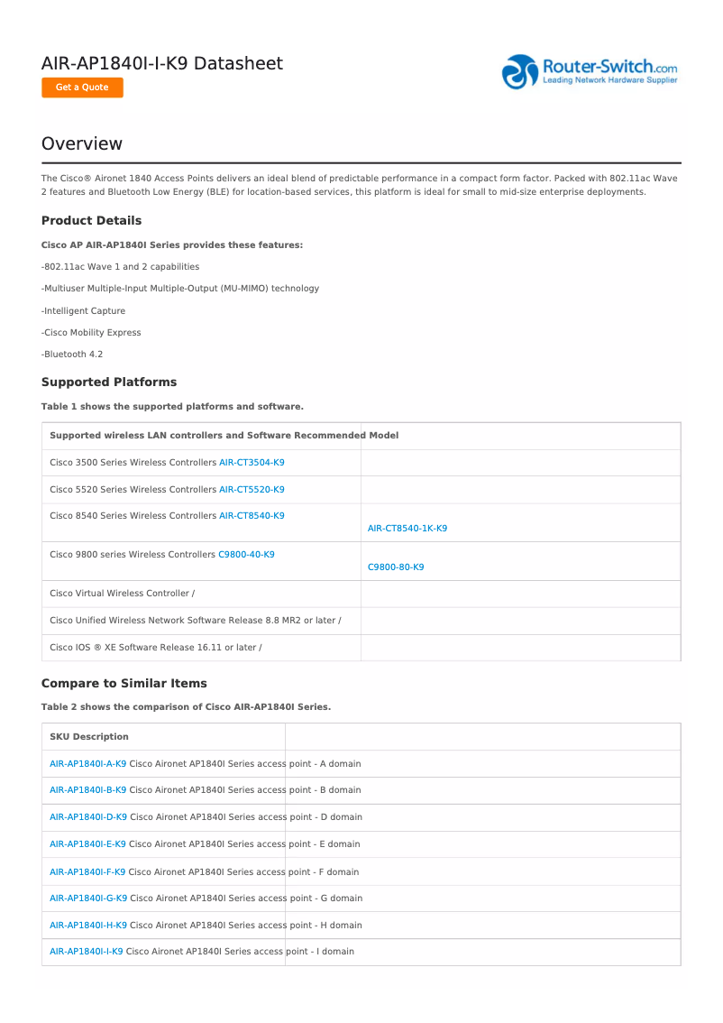 Image de la première page du manuel de l'appareil AIR-AP1840I-E-K9