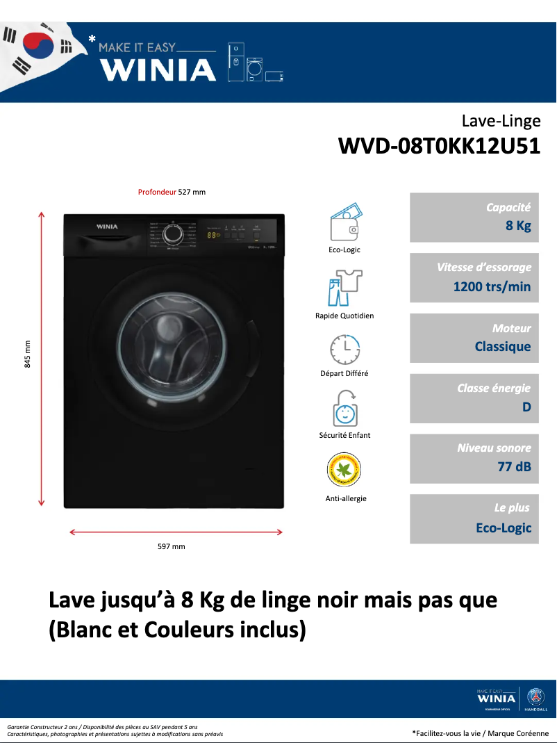 Page 1 de la notice Fiche technique Winia WVD-08T0KK12U51