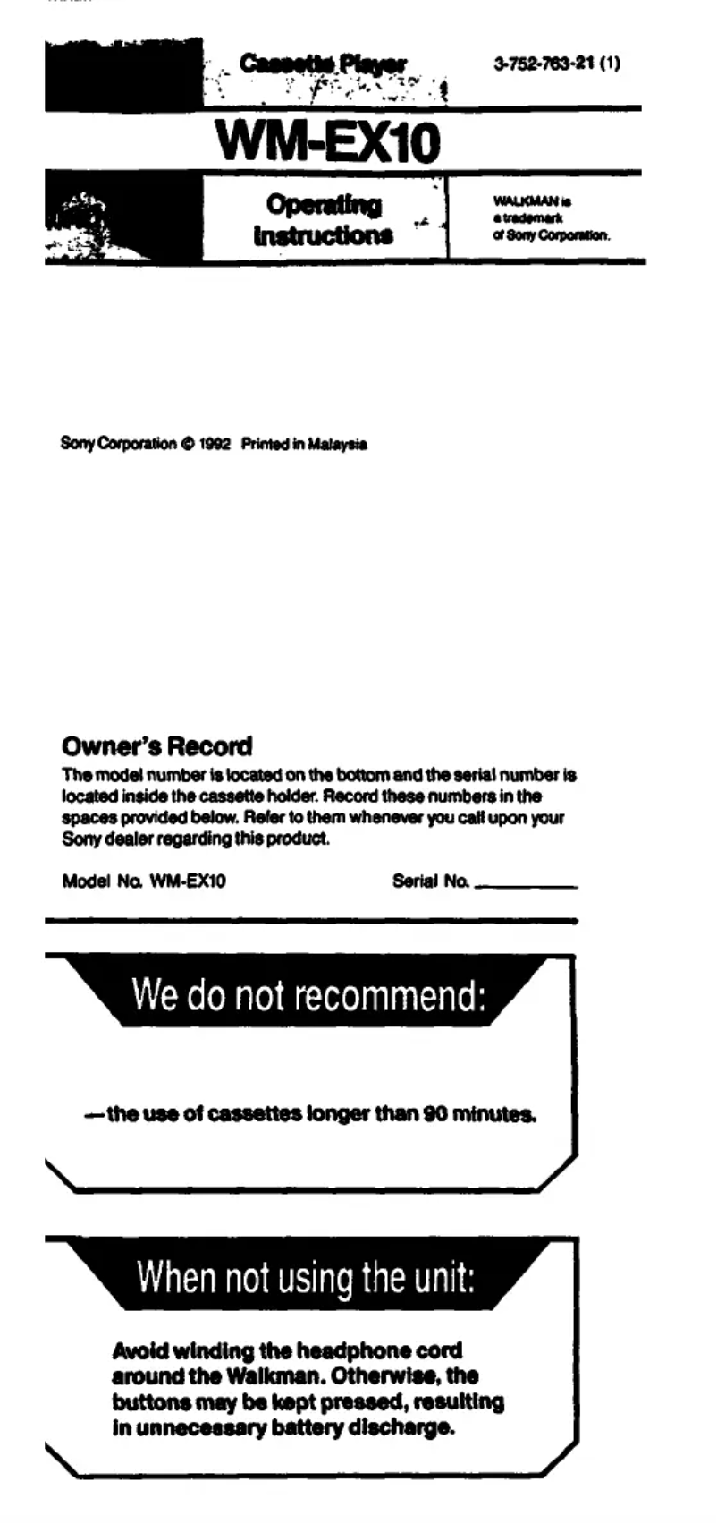 Page 1 de la notice Manuel utilisateur Sony Walkman WM-EX10