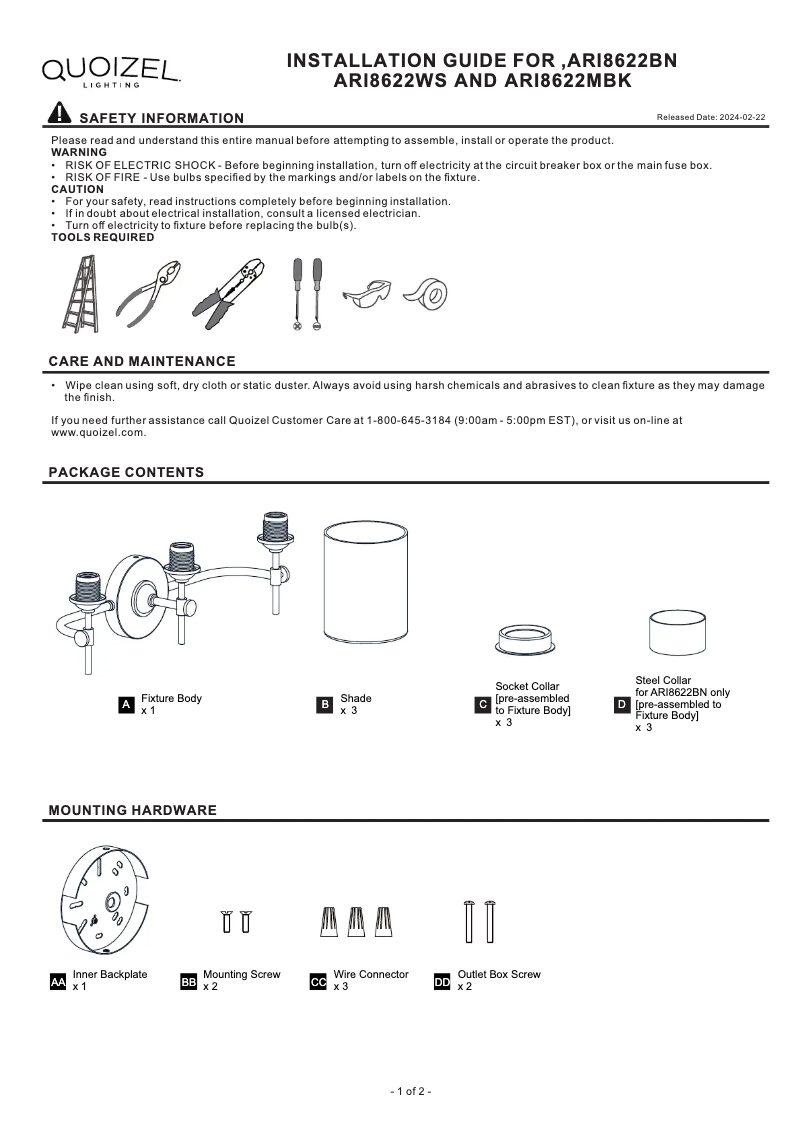 Page 1 de la notice Manuel utilisateur Quoizel Aria ARI8622MBK