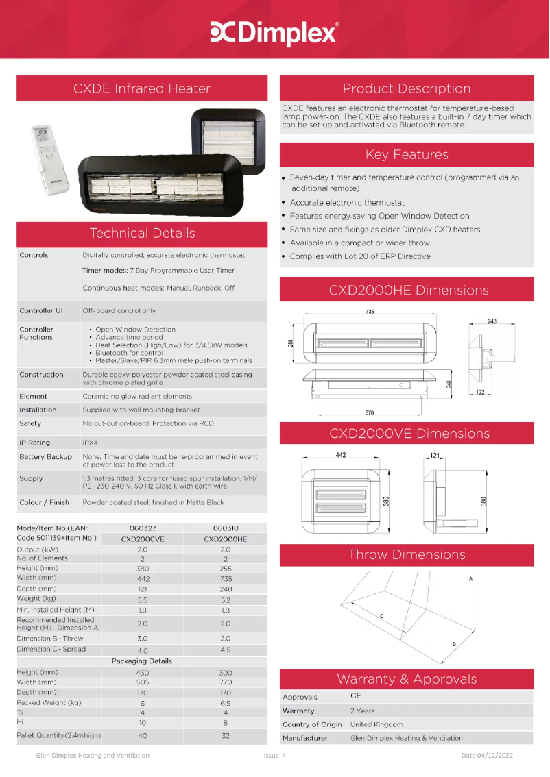 Page 1 de la notice Fiche technique Dimplex CXD2000VE