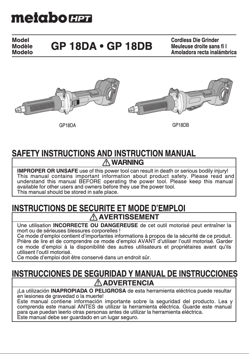 Page 1 de la notice Manuel utilisateur HiKOKI GP18DA