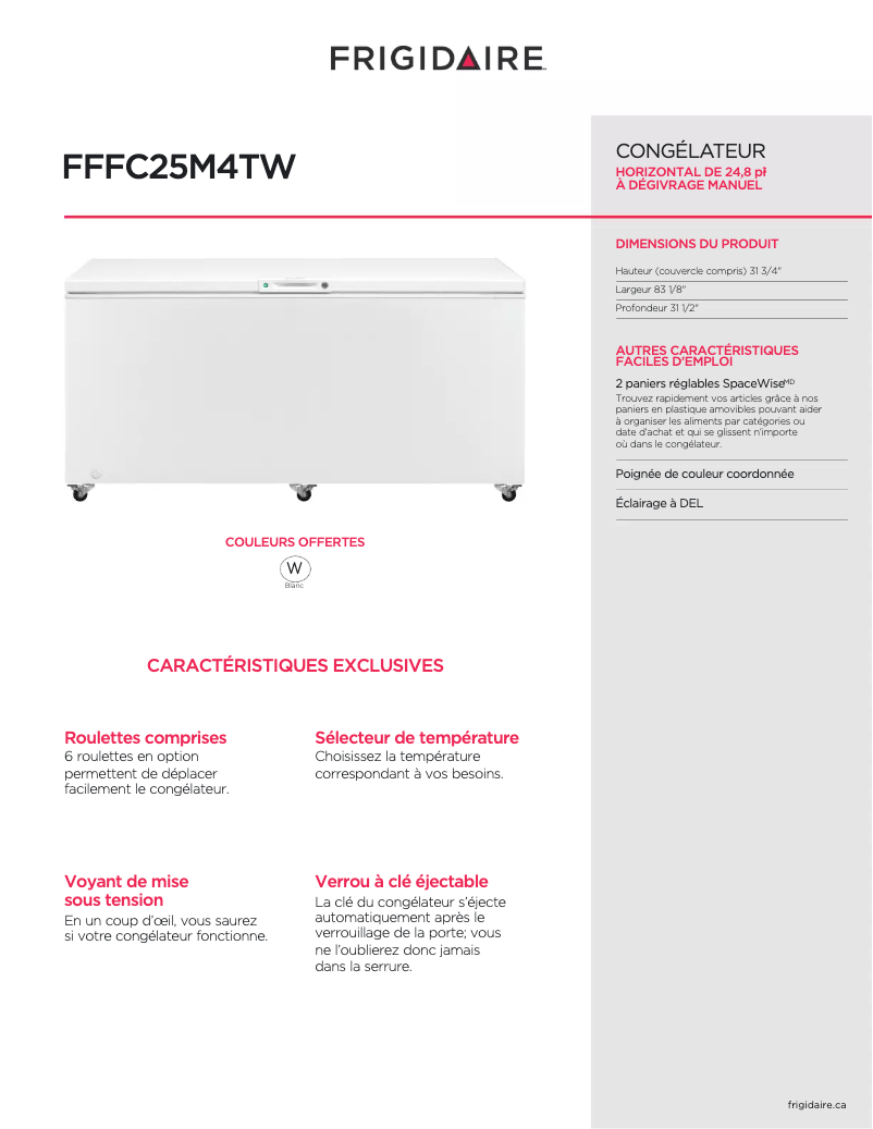Page 1 de la notice Fiche technique Frigidaire FFFC25M4TW