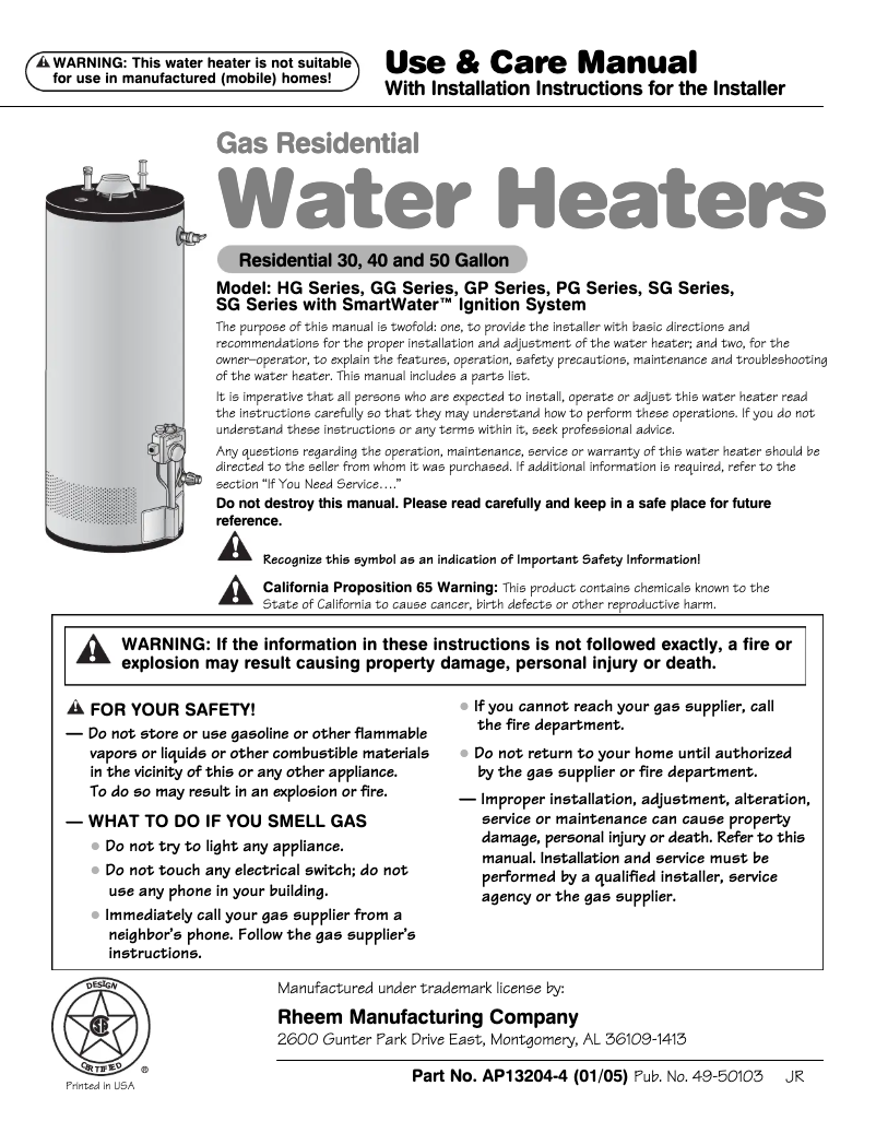 Page n°1 - Manuel utilisateur GE SmartWater GP30T06AVG00