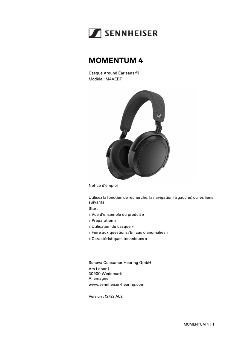 Page 1 de la notice Manuel utilisateur Sennheiser Momentum 2.0 Wireless
