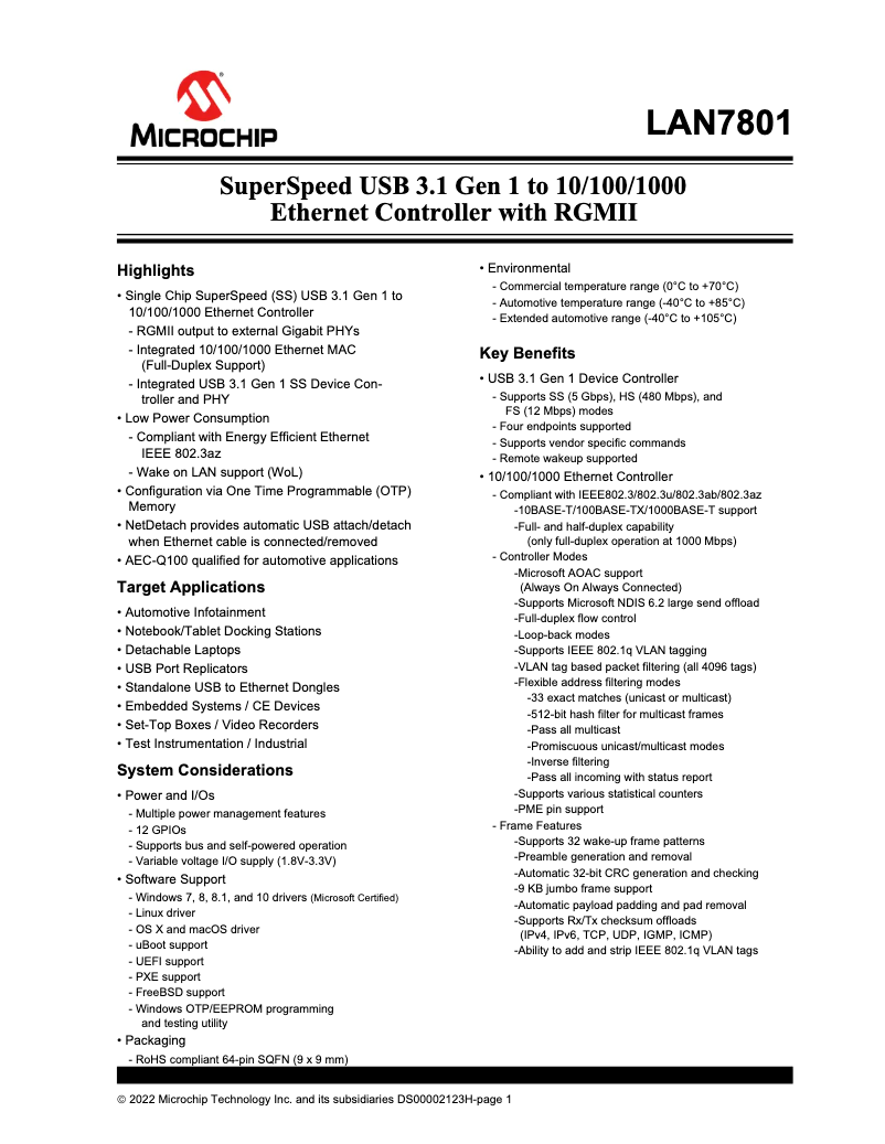 Page 1 de la notice Fiche technique Microchip LAN7801