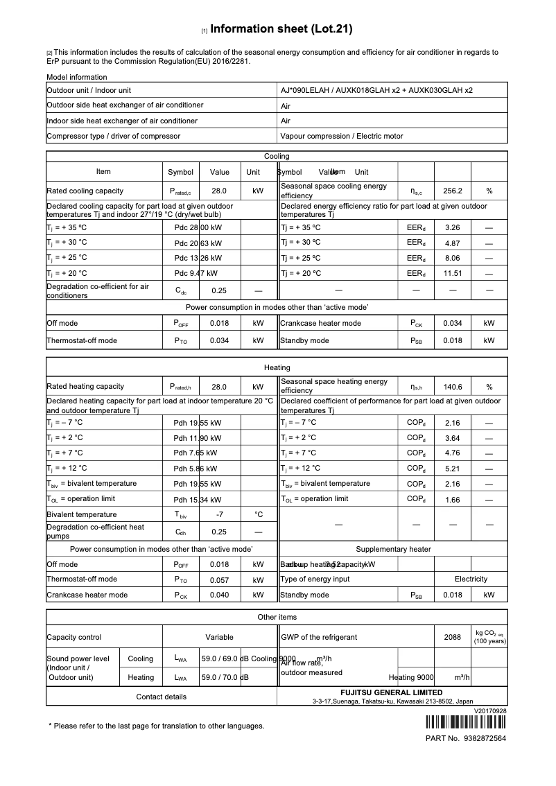 Page 1 de la notice Fiche technique Fujitsu Airstage AJY090LELAH