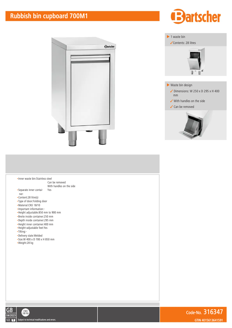 Página 1 del manual Ficha técnica Bartscher 316347