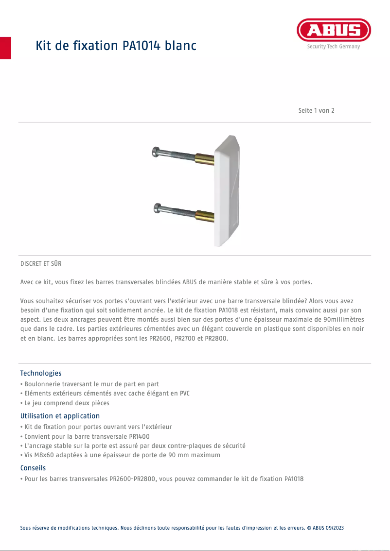 Page n°1 - Fiche technique Abus PA1014