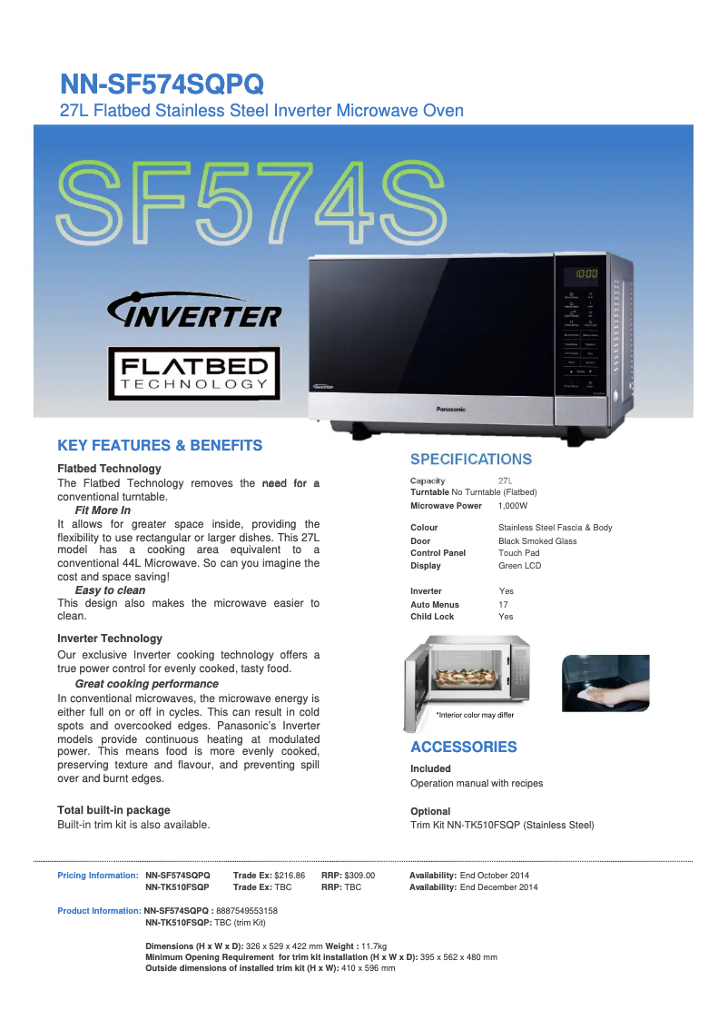 Page 1 de la notice Fiche technique Panasonic Inverter NN-SF574S