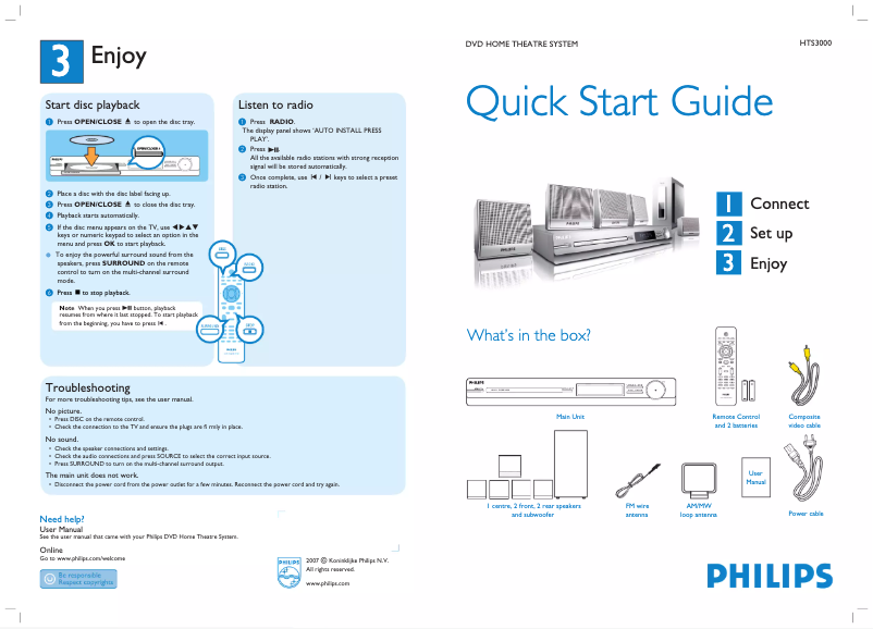 Page 1 de la notice Guide de démarrage rapide Philips HTS3000