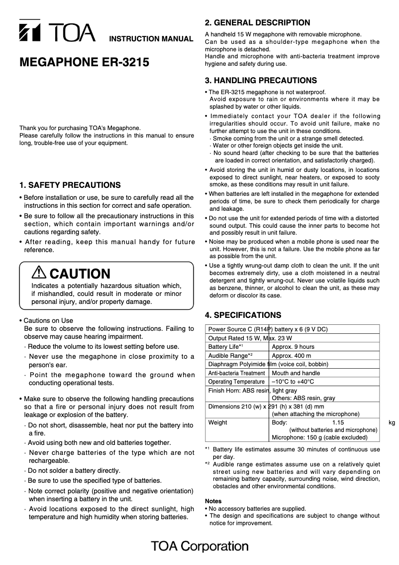 Page 1 de la notice Manuel utilisateur TOA ER-3215