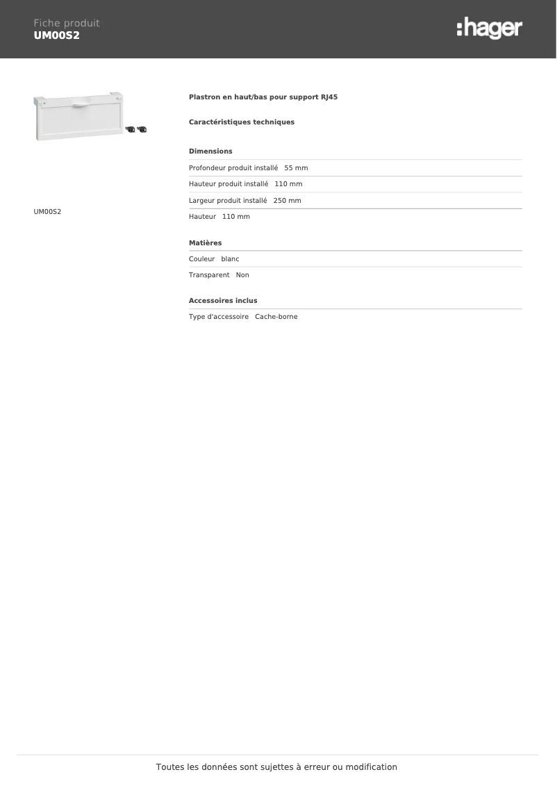 Page 1 de la notice Fiche technique Hager UM00S2