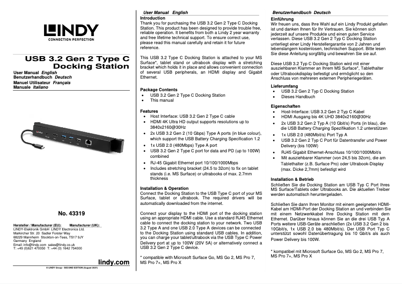 Page 1 de la notice Manuel utilisateur Lindy 43319