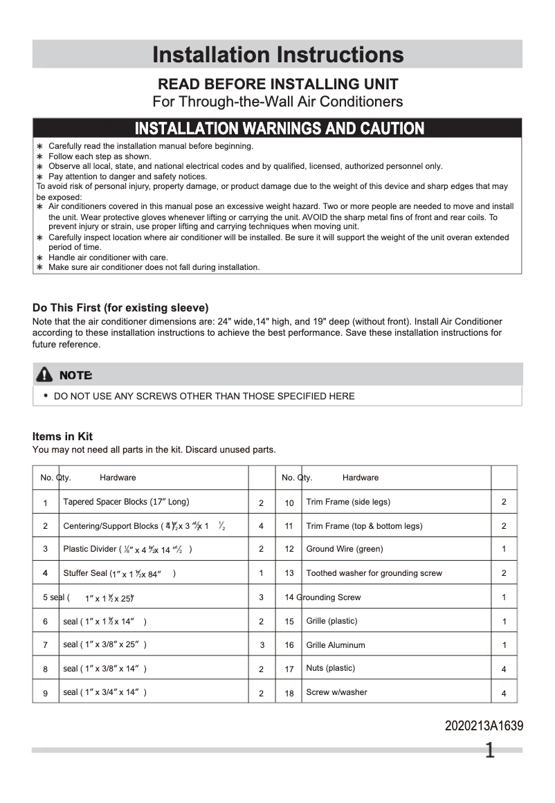 Page 1 de la notice Guide d'installation Frigidaire FFTA1422Q2