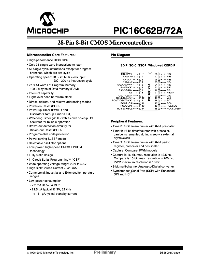 Página 1 del manual Ficha técnica Microchip PIC16C62B