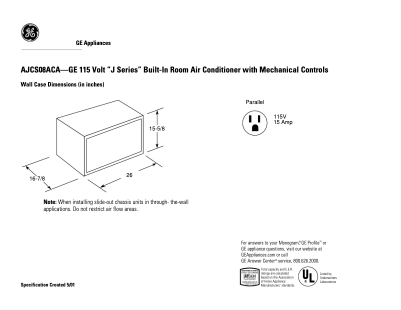 Page 1 de la notice Fiche technique GE AJCS08ACA