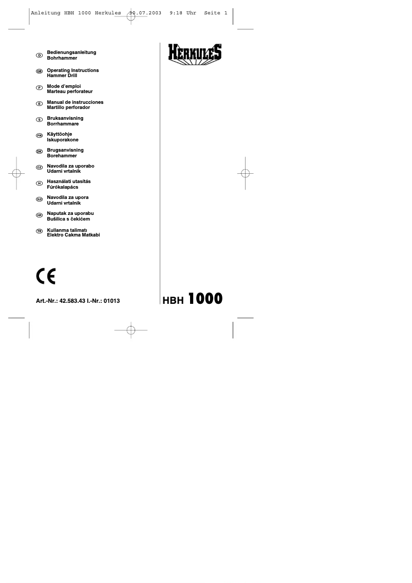 Page n°1 - Manuel utilisateur Herkules HBH 1000