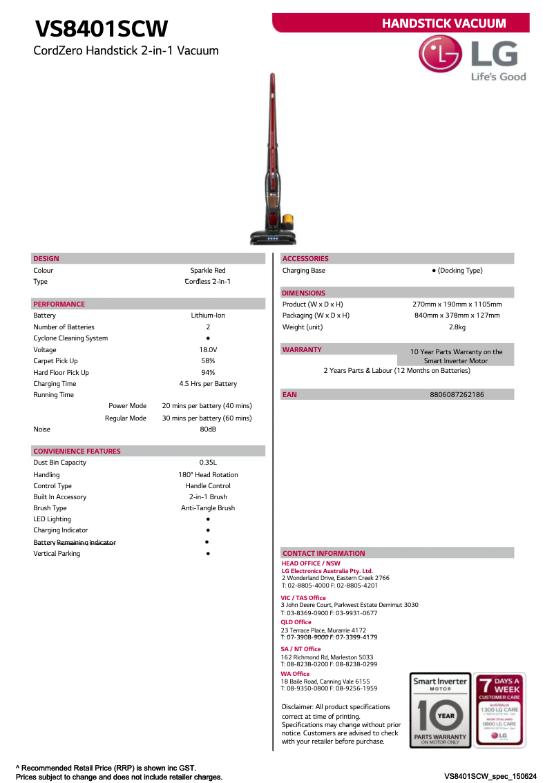 Page n°1 - Fiche technique LG VS8401SCW