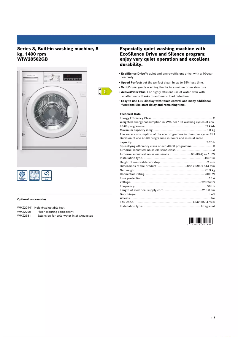 Página 1 del manual Ficha técnica Bosch Serie 8 WIW28502GB