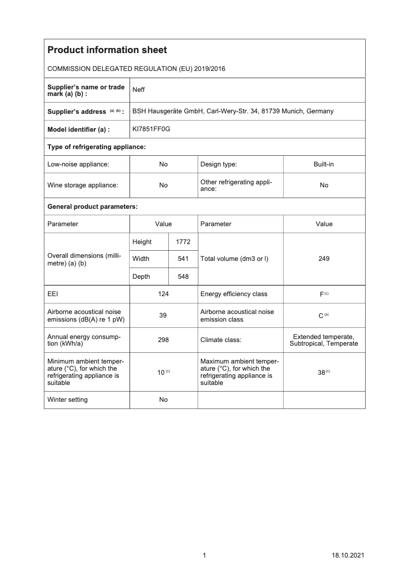 Page 1 de la notice Fiche technique Neff KI7851FF0G