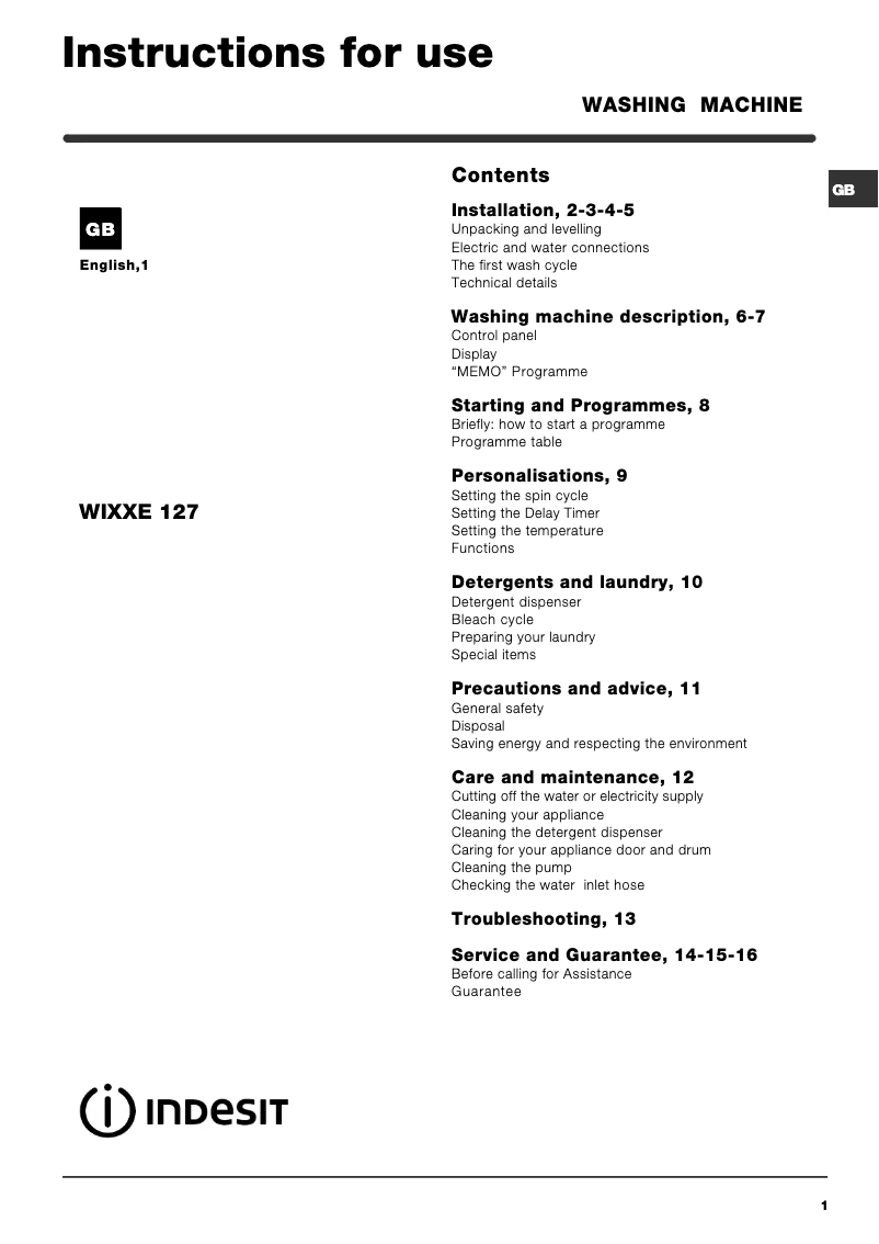 Page 1 de la notice Manuel utilisateur Indesit WIXXE 127 (UK)