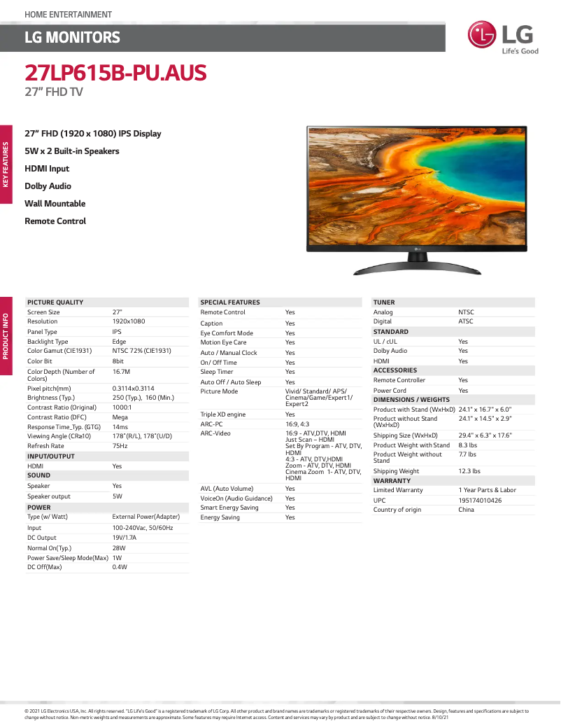 Page 1 de la notice Fiche technique LG 27LP615B