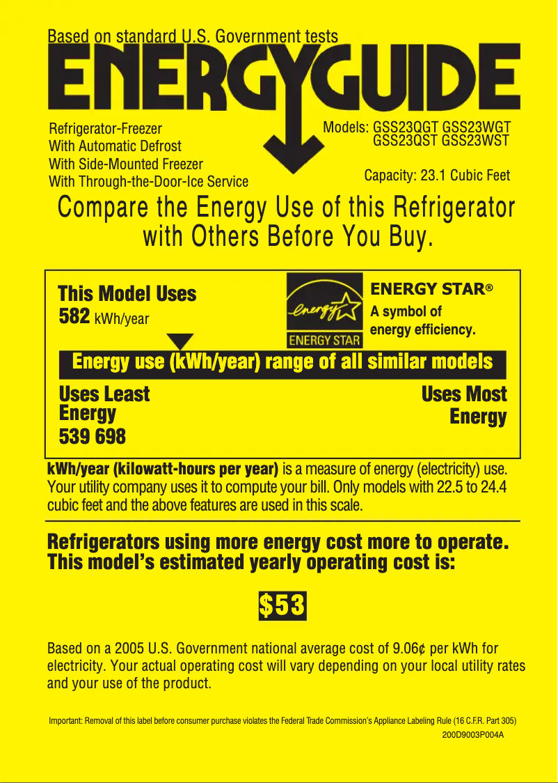 Page 1 de la notice Label énergétique GE GSS23QSTSS
