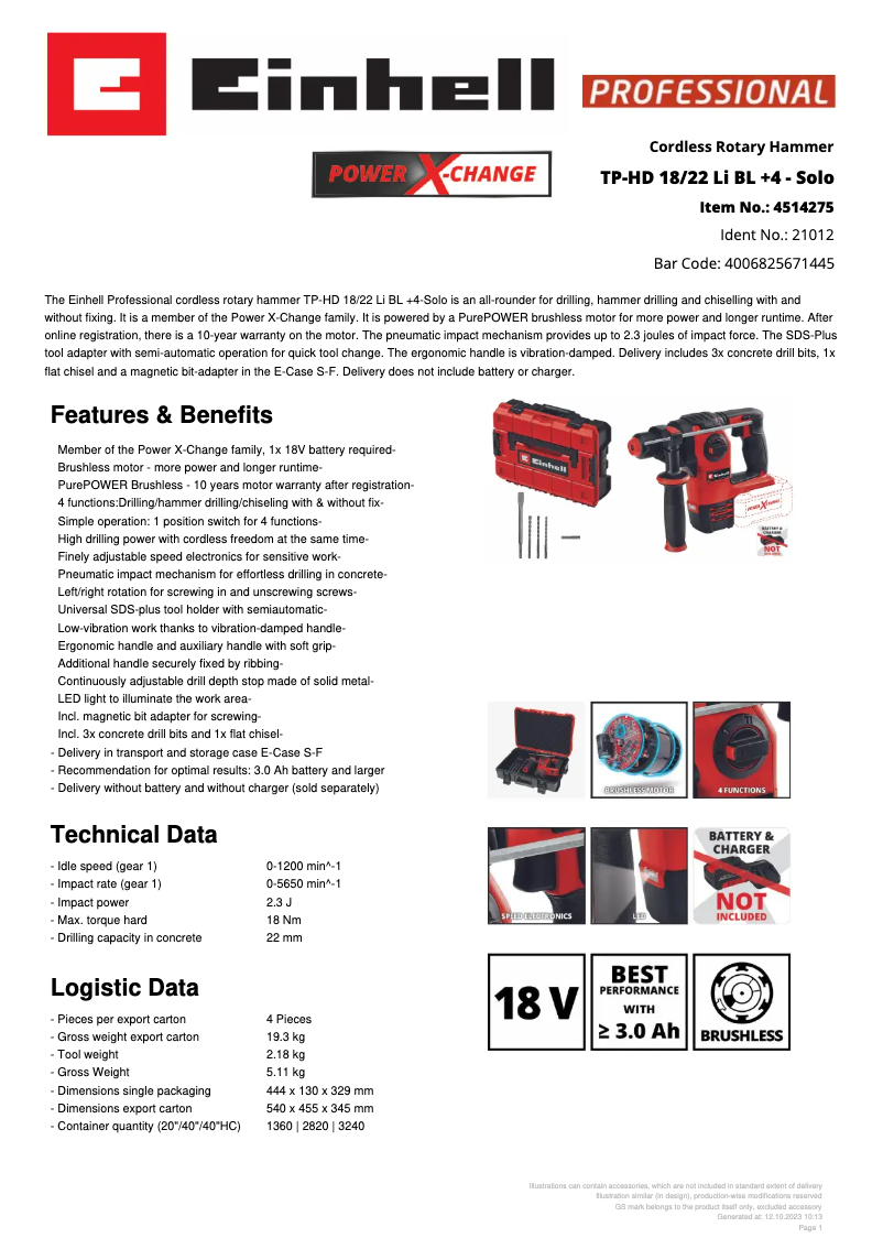 Page 1 de la notice Fiche technique Einhell TP-HD 18/22 Li BL