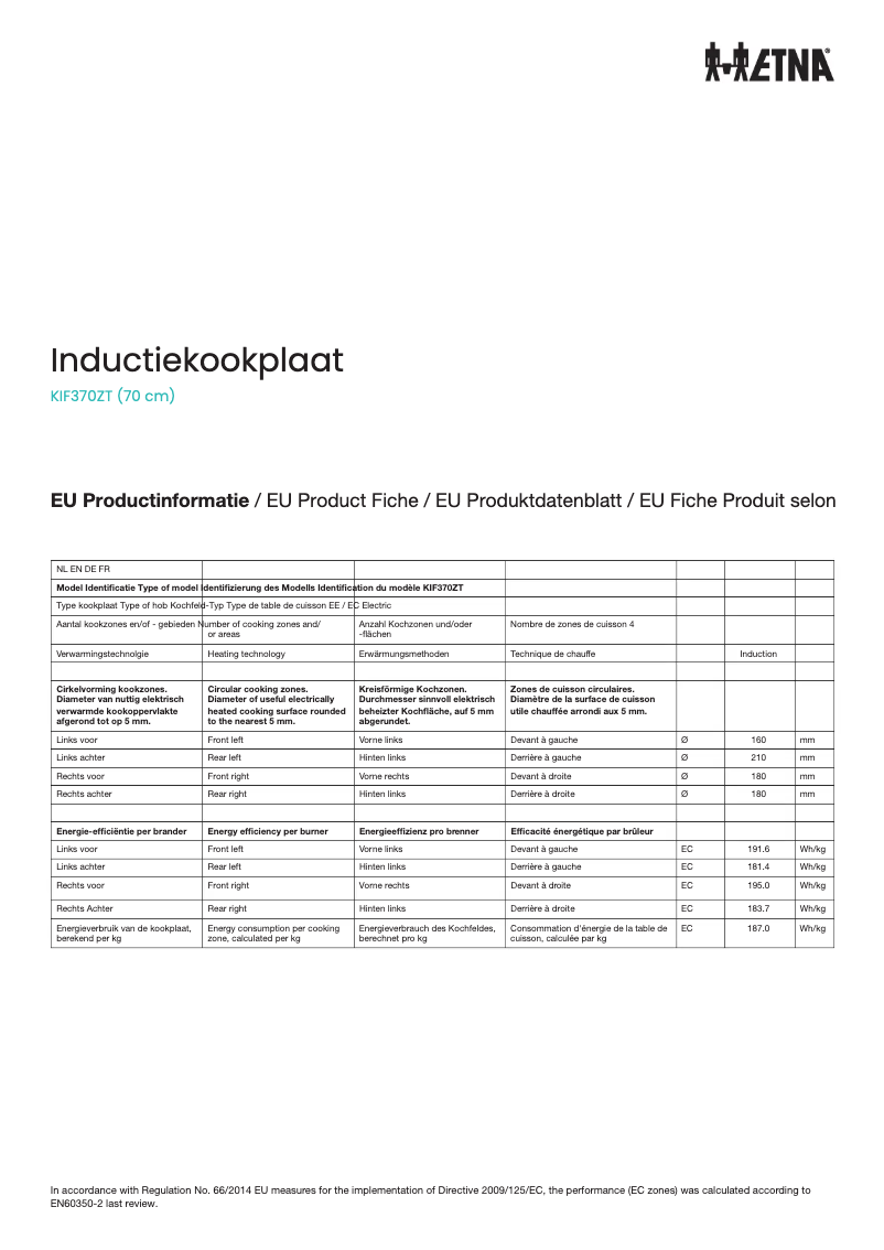 Page 1 de la notice Fiche technique Etna KIF370ZT