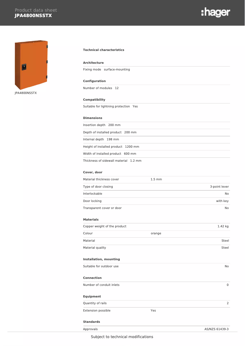 Page 1 de la notice Fiche technique Hager JPA4800NSSTX