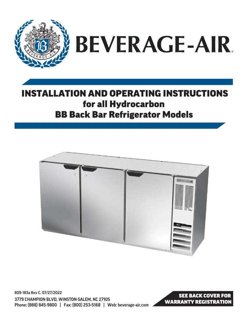 Page 1 de la notice Manuel utilisateur Beverage-Air BB24HC-1-FG-B