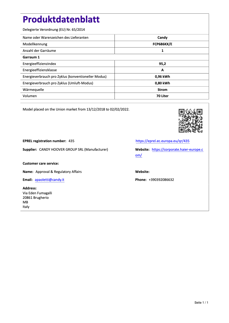 Page 1 de la notice Manuel utilisateur Candy FCP686KX/E
