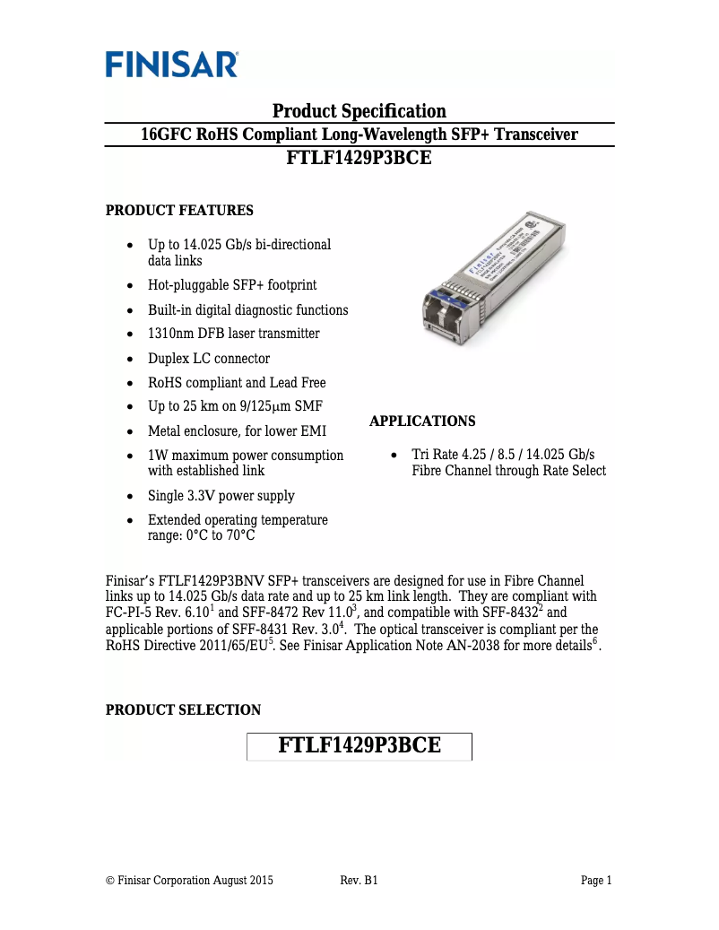 Page n°1 - Manuel utilisateur Finisar FTLF1428P3BNV