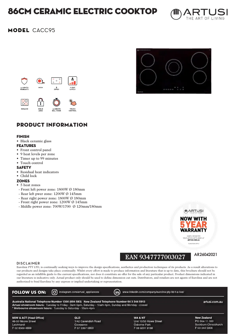 Page 1 de la notice Fiche technique Artusi CACC95