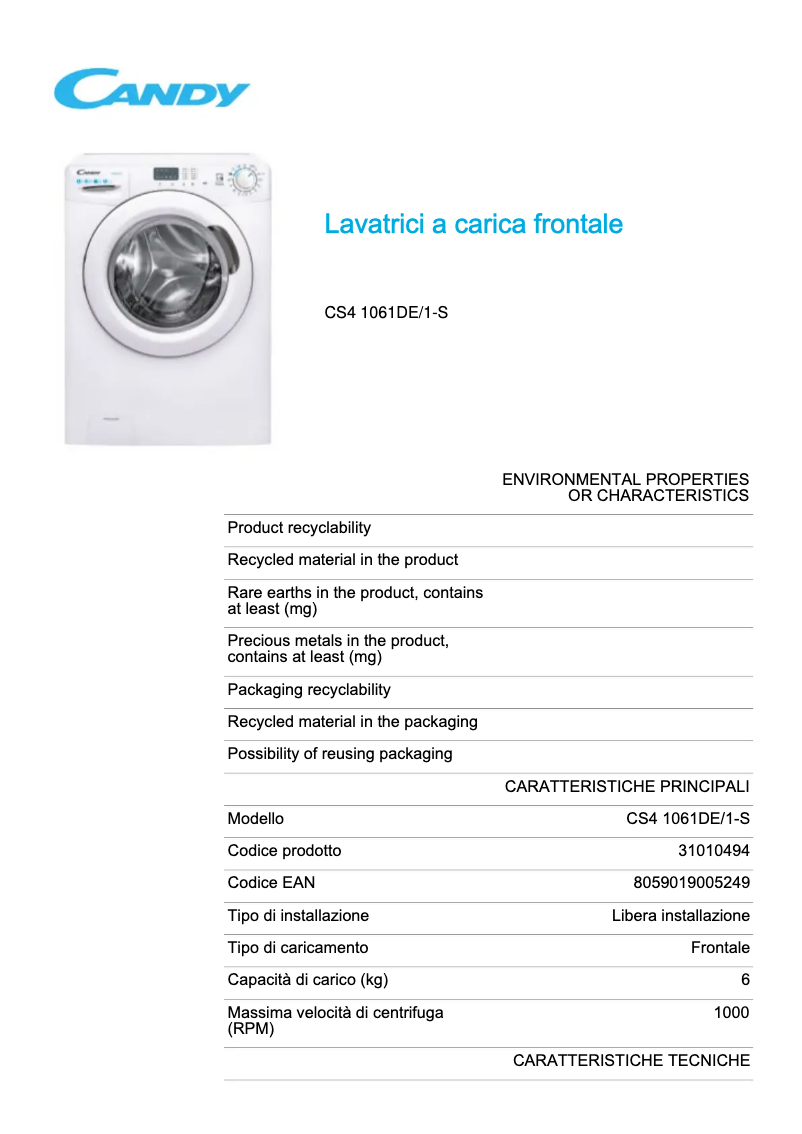 Page 1 de la notice Fiche technique Candy CS4 1061DE/1-S