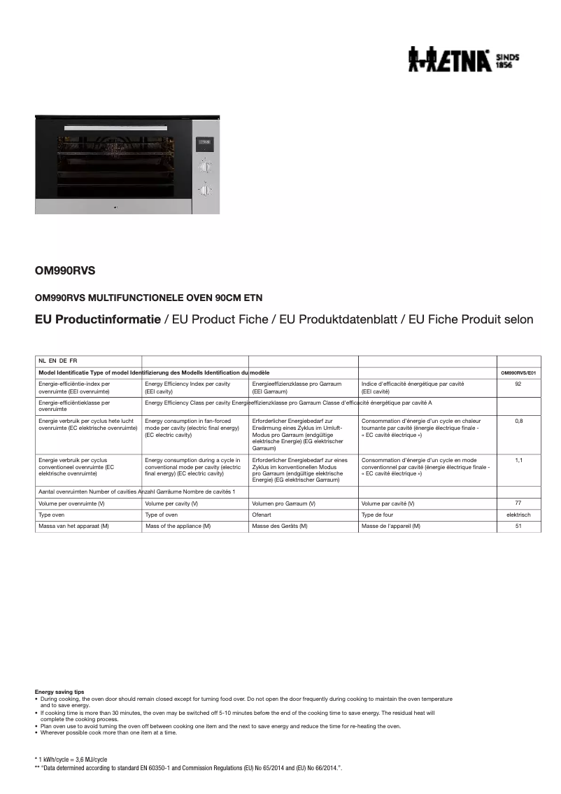 Page n°1 - Fiche technique Etna OM990RVS