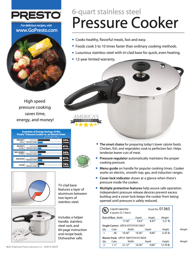 Page 1 of the manual Technical Sheet Presto 01365
