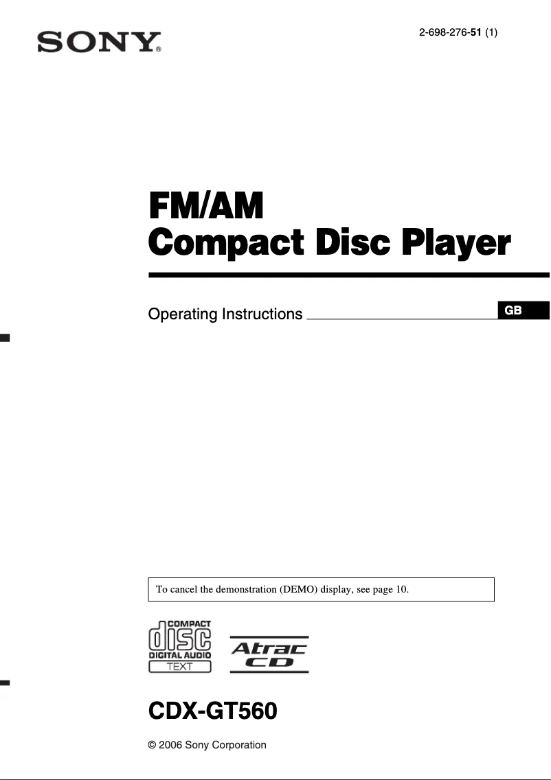 Page 1 de la notice Manuel utilisateur Sony CDX-GT560