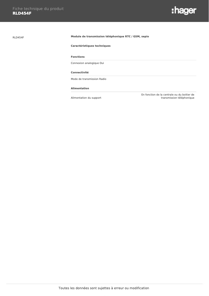 Page n°1 - Fiche technique Hager RLD454F