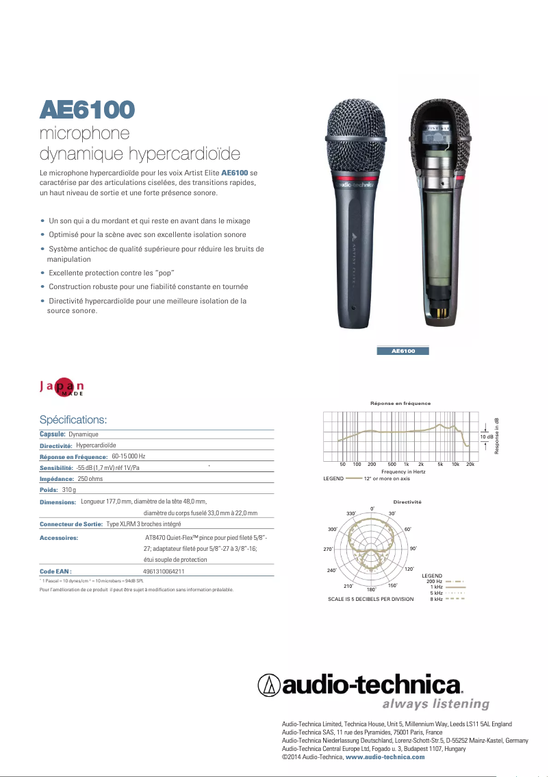 Page n°1 - Fiche technique Audio-Technica AE6100