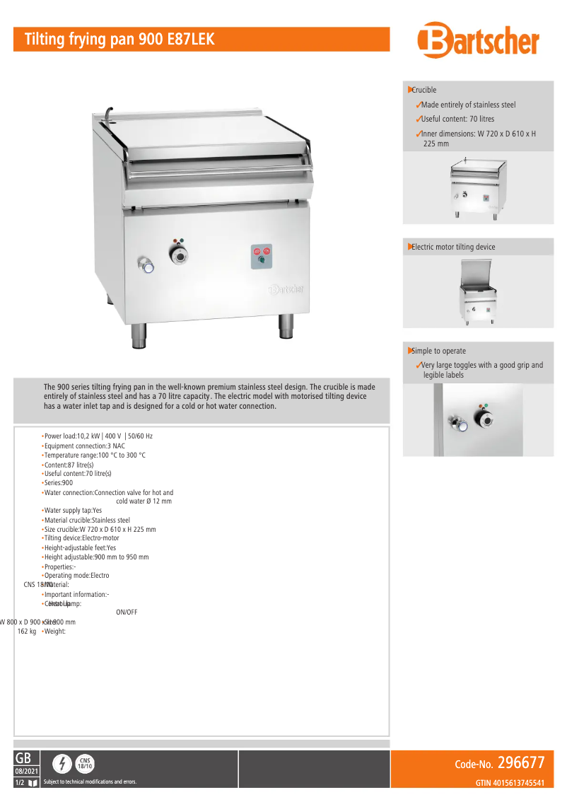 Page n°1 - Fiche technique Bartscher 900 E87LEK
