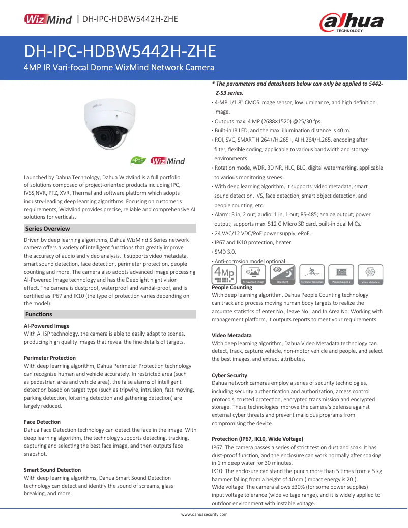 Page 1 de la notice Fiche technique Dahua Technology IPC-HDBW5442H-ZHE
