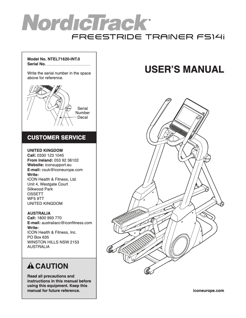 Page 1 de la notice Manuel utilisateur NordicTrack FS14i