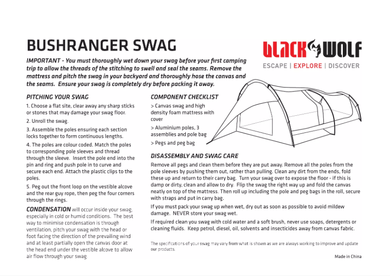 Page 1 de la notice Manuel utilisateur Black Wolf Bushranger Swag