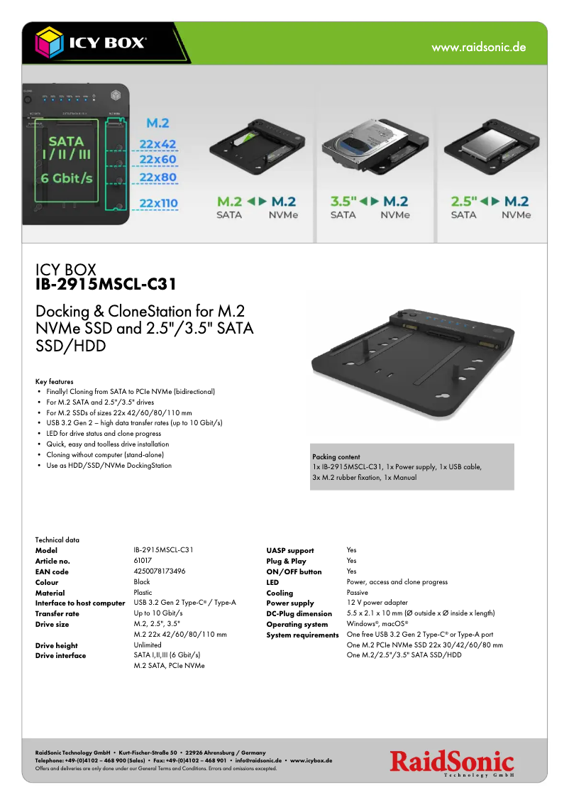Page 1 de la notice Fiche technique Icy Box IB-2915MSCL-C31