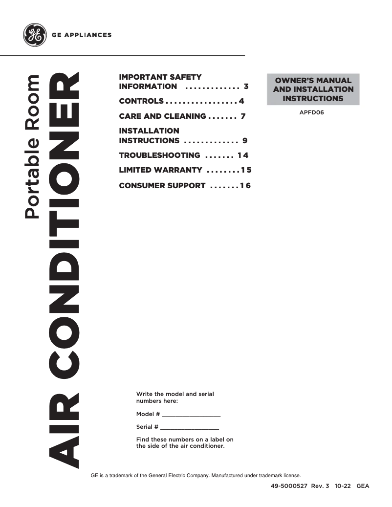 Page n°1 - Guide d'installation GE APFD06JASW