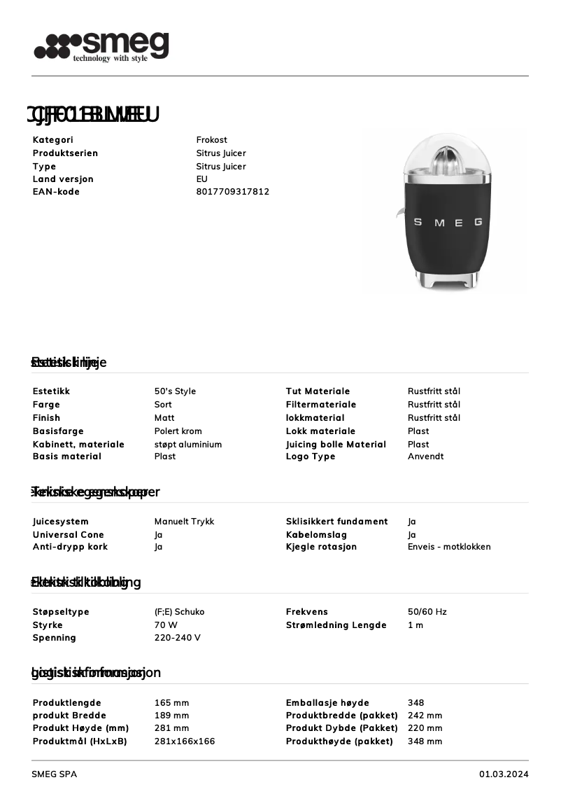 Page 1 de la notice Fiche technique Smeg CJF01